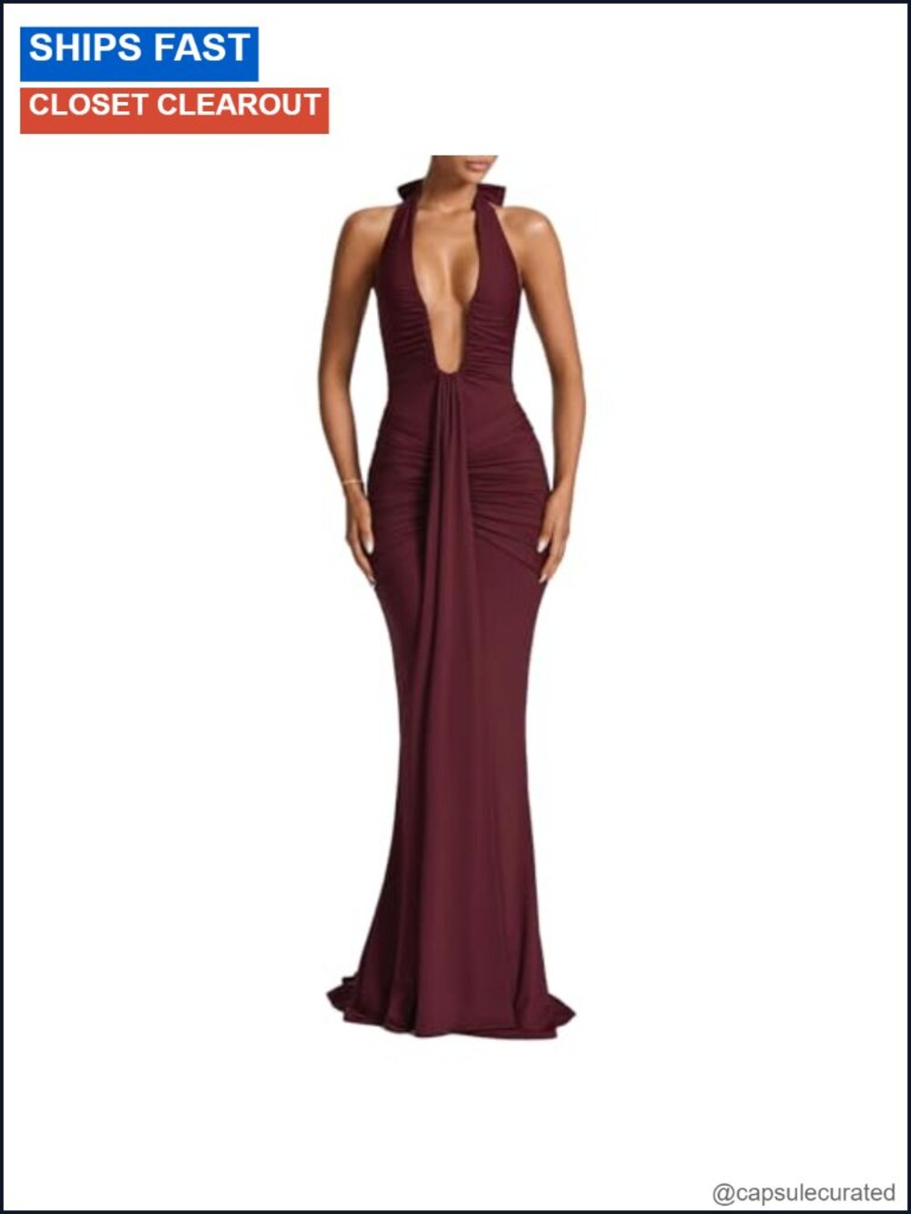Women's Deep V Neck Ruched Maxi Dress Sleeveless Halter Gown Formal Evening